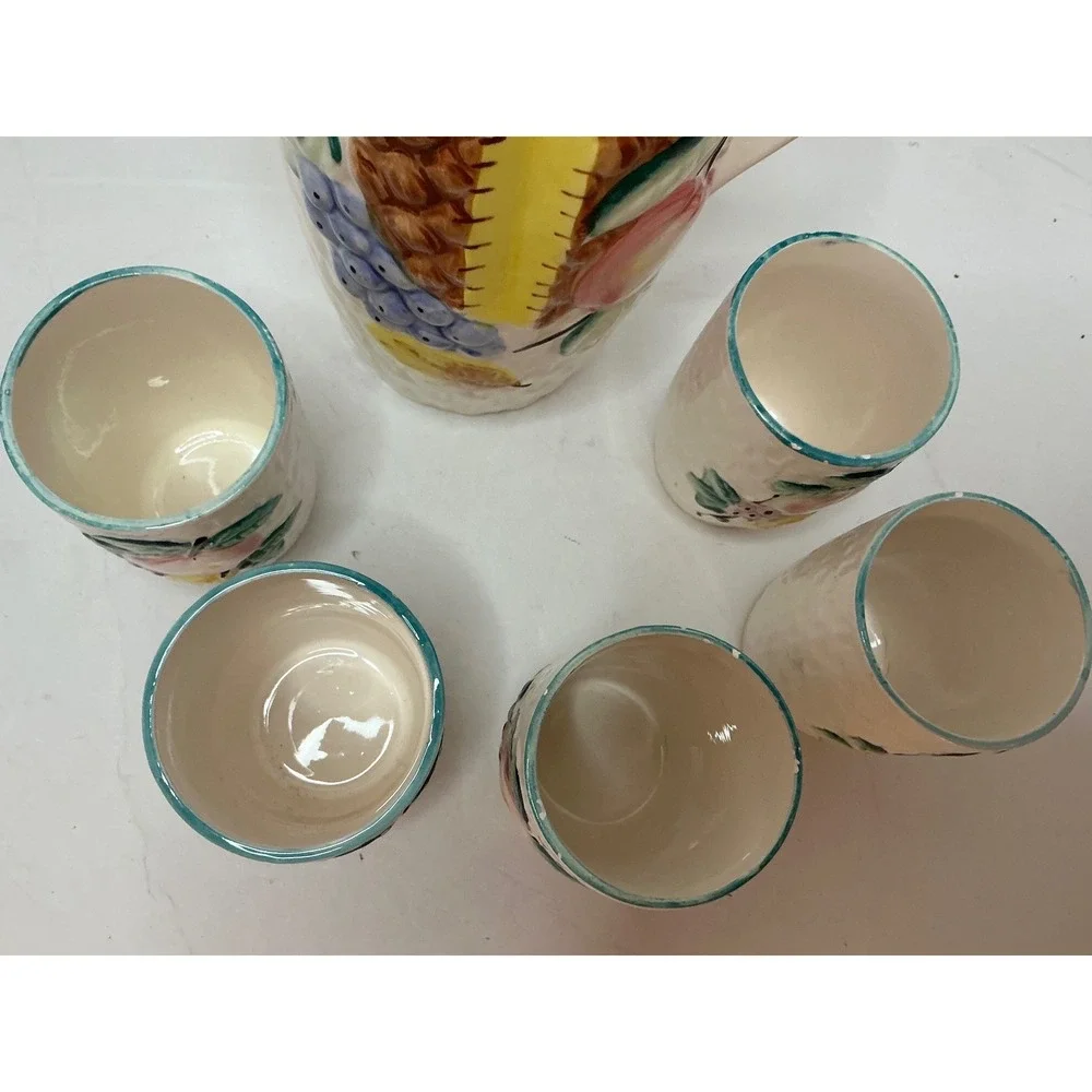 Vintage‎ Pitcher and 5 Cup Set Fruit Basketweave Ceramic Tropical Cream